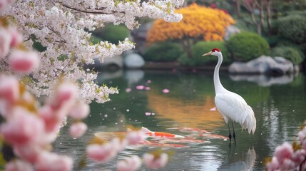Fototapeta premium Peaceful pond with cherry blossoms and crane