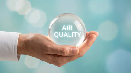 Fototapeta premium Air quality pollution smog air urban hand crystal ball health concept clean environment Urban hand holding crystal ball text. toxic smoke carbon emission. city fog, environmental climate health