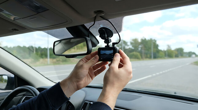 Professional technician installing high-definition smart dashcam onto glass windshield of modern automobile for digital video recording surveillance and enhanced road driving safety protection.
