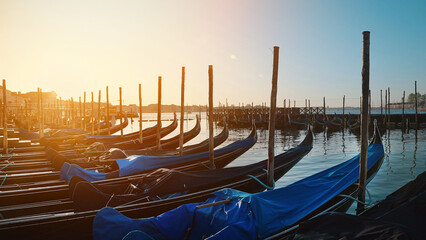 Gondolas Moored in Venice Lagoon with San Giorgio Maggiore in Background. Italy travel, tourism, destinations and historic European atmosphere © kohanova1991