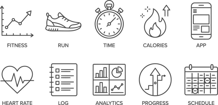 Fitness icons set with graph, running shoe, stopwatch, fire, phone, heart, list, analytics, progress, calendar