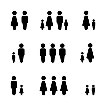 Set of black solid family silhouettes featuring various combinations of parents and children to represent social demographics and diverse household structures in minimalist flat graphic design.