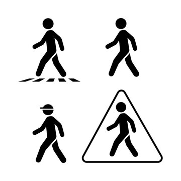 Pedestrian crossing sign icons set featuring various walking stick figure silhouettes for urban traffic safety regulations road markings and sidewalk navigation warnings in modern minimalist style.