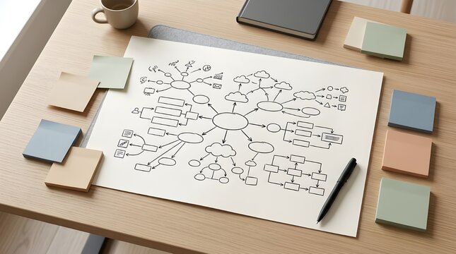 Hand-Drawn Mind Map and Brainstorming Diagram on Desktop with Sticky Notes