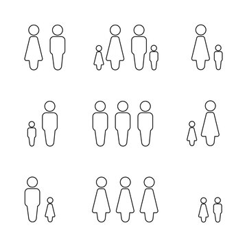 Set of human family icons including parents and children in linear line art style showing various group combinations for social demographics and family planning visual representation.
