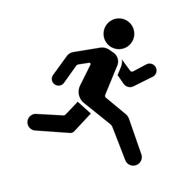 Running man silhouette icon representing speed exercise athletics and healthy lifestyle movement for sports competition fitness tracking apps and marathon event promotion on plain white background.