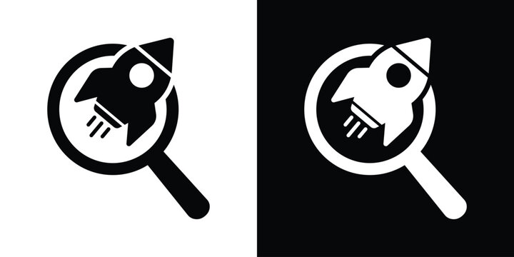 Minimalist vector icon depicting a rocket ship inside a magnifying glass frame. Available in black and white options. Represents startup research, finding innovation, and market analysis.