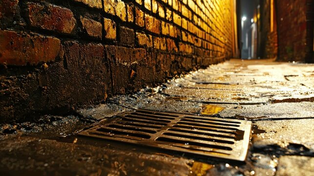 In a dimly lit alley a drain runs along the brick wall collecting runoff from an old gutter as puddles form on cracked pavement nearby