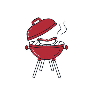 Red BBQ Grill with Cooking Hot Dog Vector Illustration
