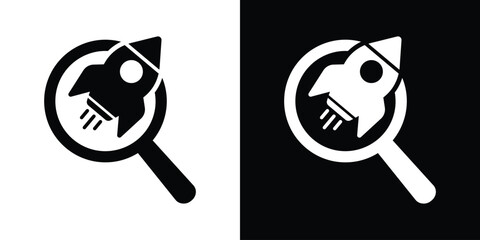 Minimalist vector icon depicting a rocket ship inside a magnifying glass frame. Available in black and white options. Represents startup research, finding innovation, and market analysis. © bibin