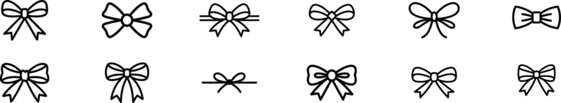 Ribbon bow icons in different styles and shapes, Bow gift ribbon line simple element set, hand drawn doodle stroke ribbon bow, doodle gift bow, gift wrap symbols, vector illustration