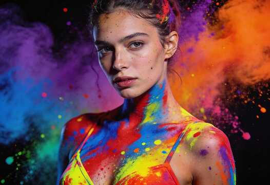 Portr&auml;t einer jungen Frau, bedeckt mit bunten Holi-Farbpulvern vor dunklem Hintergrund