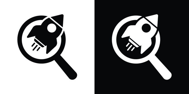 Minimalist vector icon depicting a rocket ship inside a magnifying glass frame. Available in black and white options. Represents startup research, finding innovation, and market analysis.