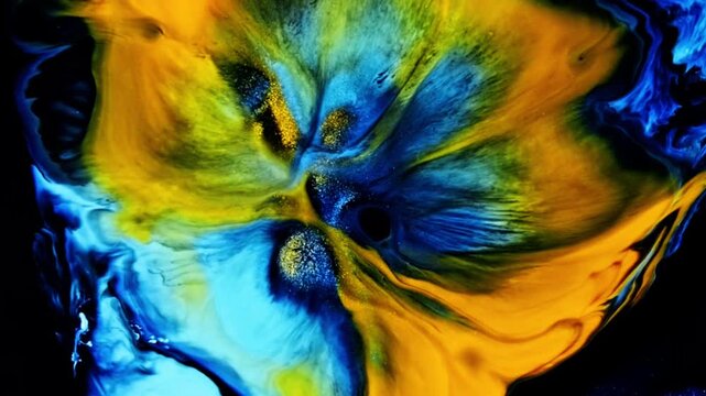 Abstract colorful paint mix of blue and yellow with gold glitter sparkle macro. Luxury cosmic galaxy space nebula background for creative graphic design, loop wallpaper, motion asset