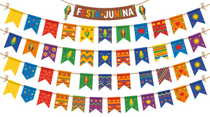 Fototapeta premium Festa junina party bunting flags with corn, hearts and geometric patterns