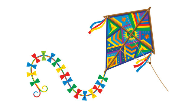 Colorful kite with a long tail decorated with ribbons