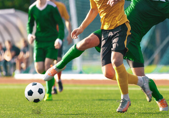 Fototapeta premium Soccer players in action kicking ball on green field during match with spectators
