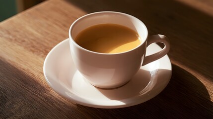 Obraz premium A warm cup of coffee rests on a wooden surface evoking a feeling of morning comfort and relaxation