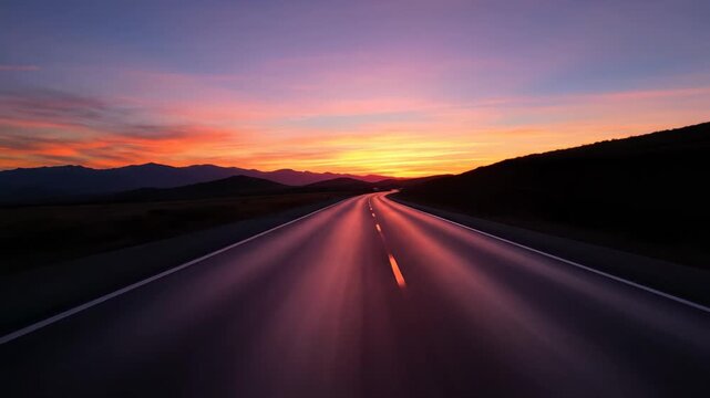 A long asphalt road stretches towards a vibrant sunset painting the sky with hues of orange, purple, and yellow, with rolling hills silhouetted against the horizon under the vast expanse
