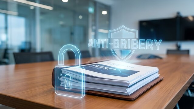 A professional meeting room with a locked document on the table, symbolizing anti-bribery and corporate security.