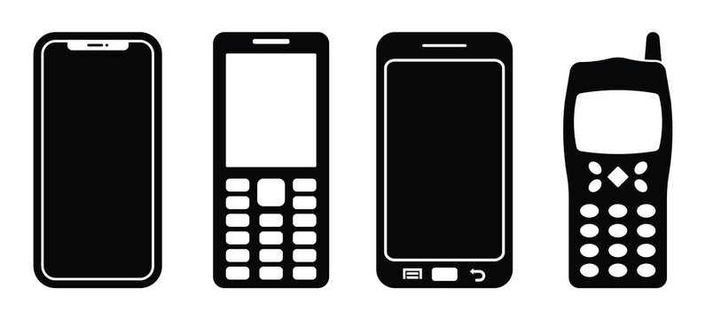 Evolution of black four mobile phones icon set with old and modern smartphones. different generation phone devices in flat vector glyph style. vector illustration.