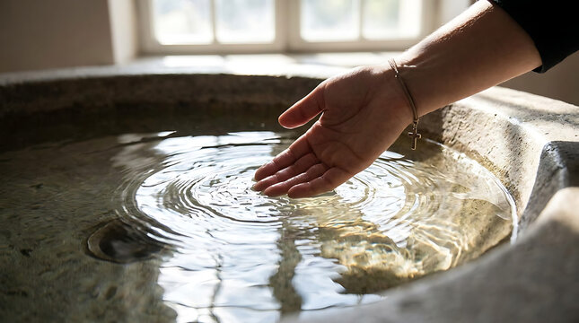 Sacred Christian baptism ceremony showing a human hand gently touching calm water ripples for spiritual renewal and divine purification representing new life and faith in Jesus Christ.