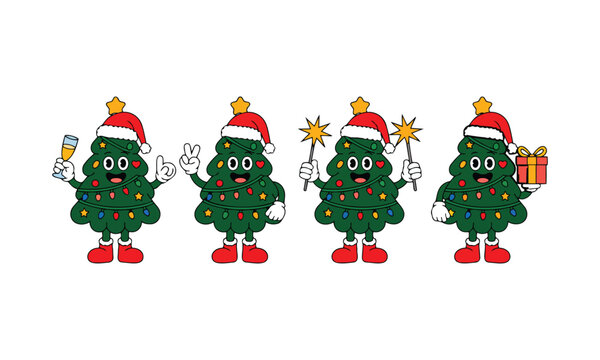Four cheerful cartoon Christmas trees with faces holding different holiday items