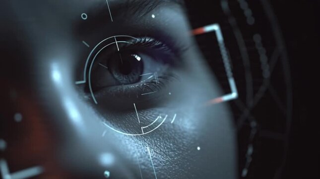 Vibrant close-up of a human eye intricately enhanced with a futuristic digital overlay, signifying advanced biometric identification, data security, and emerging technological advancements