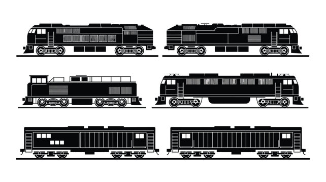 A collection of six distinct black silhouette icons depicting various types of train locomotives and cargo freight cars is arranged in two organized horizontal rows.
