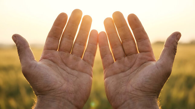 Close-up of open human palms raised towards the sky representing religious prayer, divine spiritual grace, abundance, and faithful hope in Jesus Christ under soft natural lighting.
