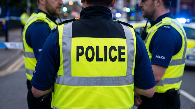 Detailed Close-Up of Reflective Yellow High-Visibility Tactical Police Vest with Bold Text Marking Worn by Law Enforcement Officers at an Active Urban Incident Scene Enforcing Public Safety