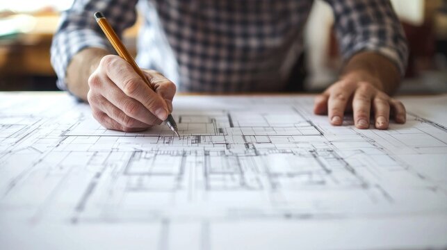 An architect sketching revisions to house blueprints representing design alteration in progress