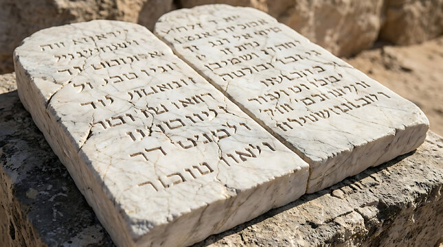 Detailed View of Ancient Marble Stone Tablets Featuring the Ten Commandments Carved Script Symbolizing Sacred Religious Divine Law and Biblical Moral Principles for Spiritual Guidance