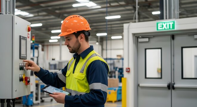 Inspector wearing hard hat and high visibility vest checking control panel and clipboard during fire safety inspection safety audit in industrial facility.