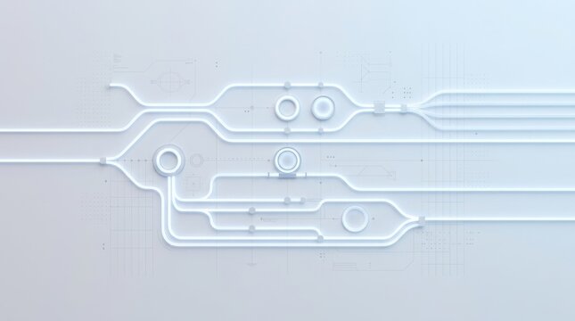 Medium shot of a minimalist flat lay featuring luminous waveguide paths and circular microcavity icons sharply in focus against a pale gradient background with subtle data