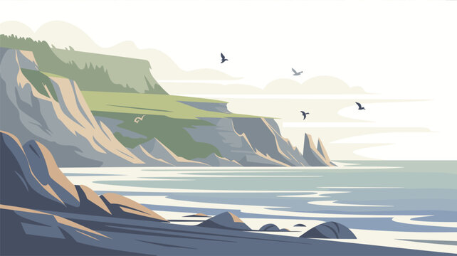 A serene coastal landscape features steep cliff faces and lush grassy plateaus overlooking a calm ocean under a soft, overcast sky with flying birds in the distance.