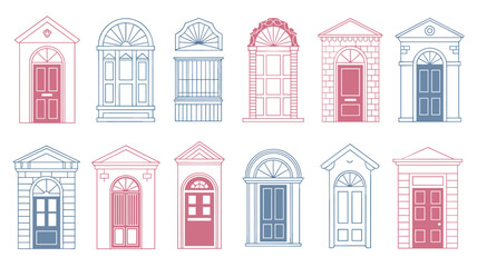 Fototapeta premium An organized collection of diverse architectural door designs featuring intricate line art in shades of pink and blue arranged neatly on a white studio background.
