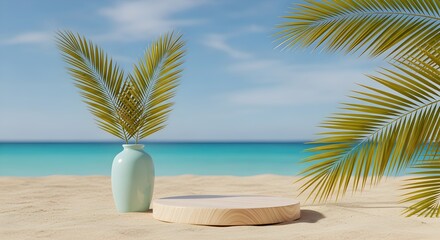 Obraz premium Tropical beach background with wooden podium, vase with palm leaves and turquoise ocean