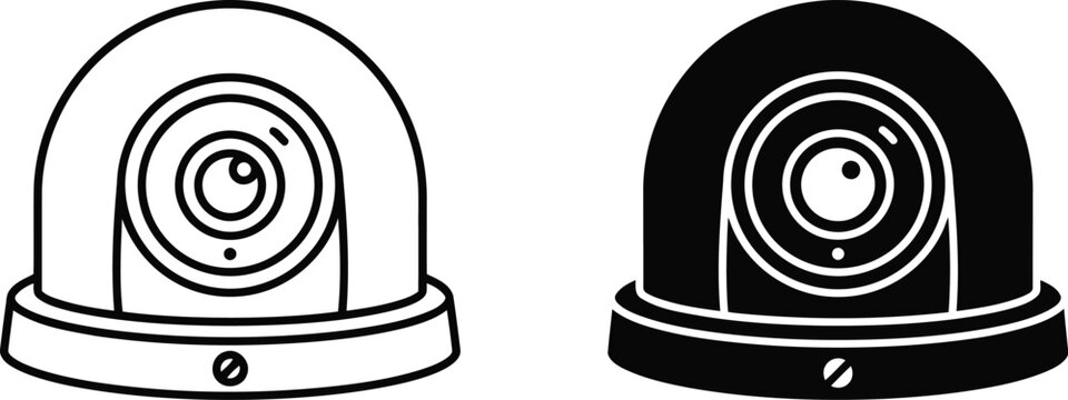 CCTV Security Camera Icon Set, Black and White Line Art and Silhouette