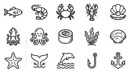 Seafood icons, ocean creatures, marine symbols, 16 black line art illustrations © Rosie