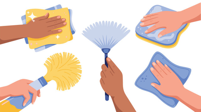 Diverse human hands clutching colorful cleaning implements including yellow sponges and blue dusters positioned against a clean solid white background with a minimalist aesthetic.
