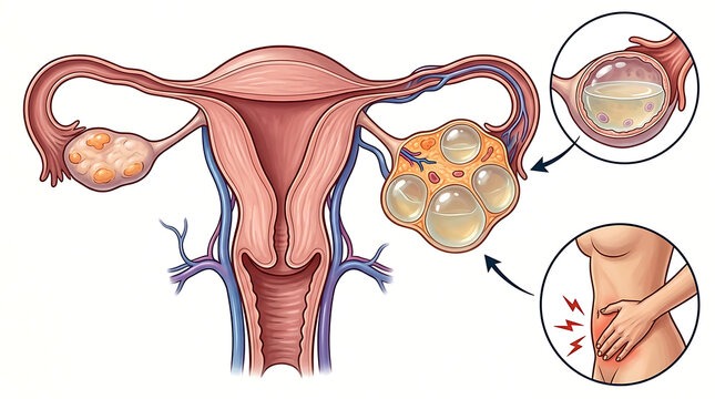 Medical Illustration of Uterus Anatomy Featuring Ovarian Cyst and Fallopian Tubes for Healthcare Education on Pelvic Pain Female Infertility and Gynecological Disease Awareness