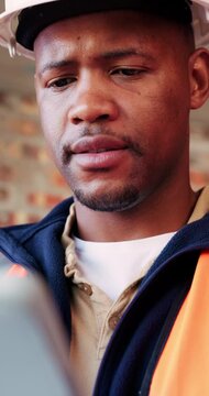 Civil engineer, thinking and black man with tablet in building, online and safety inspection on web. Architect, reflection and person with tech for research and planning for property development