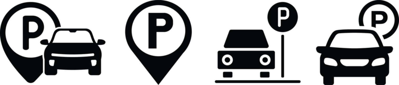 Car parking icon set. Public parking and parking location symbol Collection of black and white illustrating various designated parking area signage icons