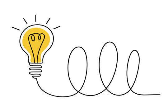 Light Bulb Idea Symbol. A hand-drawn illustration of a glowing light bulb connected to a whimsical, winding cord, representing a bright idea, innovation, or creativity.