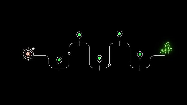 Business and Project Roadmap Concept. virtual screen with roadmap overlay, steps in a project or strategic planning process. Waypoint icons and ends with goal achievement. 4k animated.