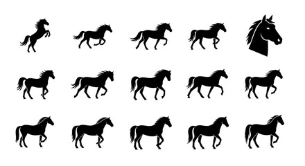Fototapeta premium Sequence of silhouette horse illustrations depicting a galloping horse in motion, symbolizing speed and agility