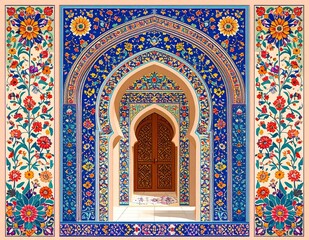 Obraz premium Ornate Floral Islamic Arch Framing Carved Wooden Door in Colorful Tile Facade