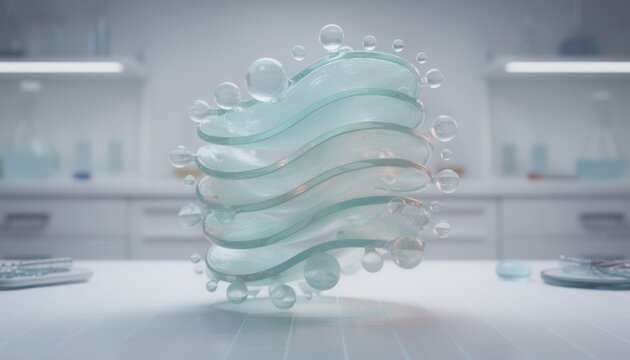 Shallow depth of field on a 3D Golgi apparatus model emphasizing translucent membrane layers and vesicle structures set in a clean lab with soft blue grid overlay and focused rim