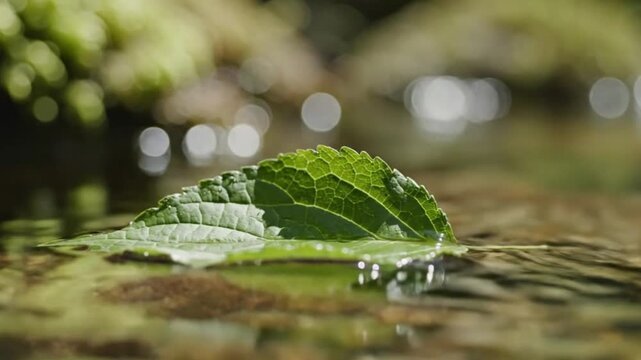 A single green leaf floats serenely on the surface of a clear, shallow stream with soft bokeh background